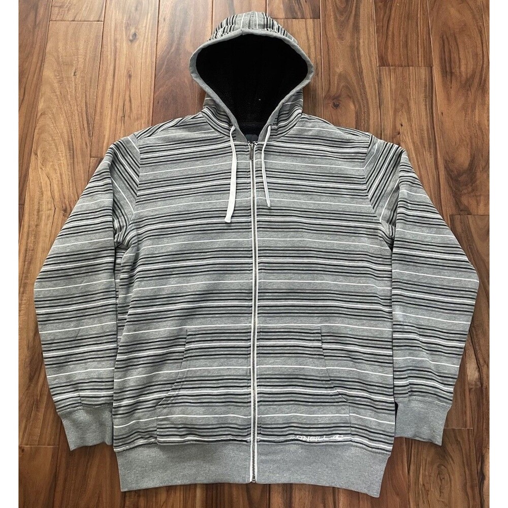 O’Neill Hoodie Mens L Gray Stripe Sherpa Lined Full Zip Y2K Surf